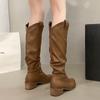 Thick Heel Vintage Brown V-Mouth Pile Tall Boots Women's Shoes 2025 Autumn Pointed Western Cowboy Boots