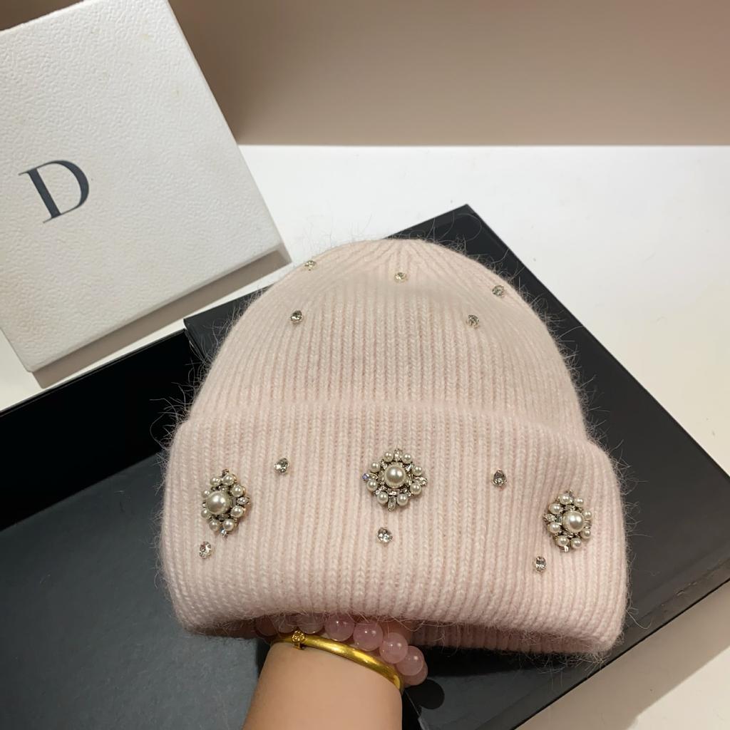 Palace Rhinestone Rabbit Fur Knitted Hat Princess Sweet Celebrity Xiaoxiangfeng Warm Ear Protection Wool Hat