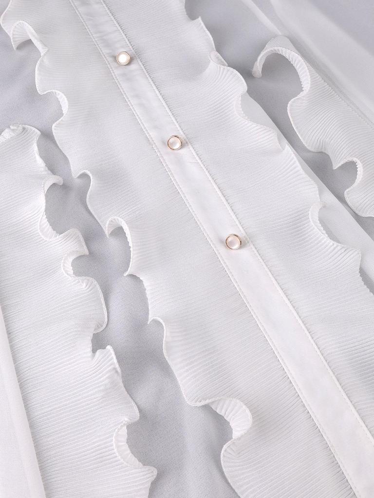 Plus Size Women's Elegant White Chiffon Ruffled Dress with Stand Collar and Long Sleeves