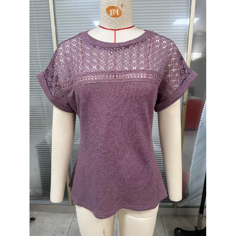 2026 Spring/Summer New Round Neck Lace Trim Loose Short Sleeve T-Shirt for Women