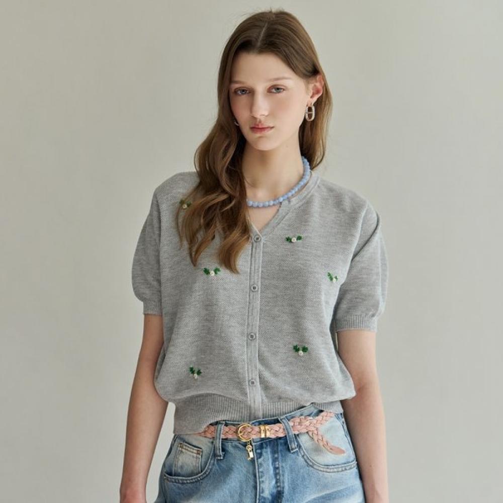 Maxza Mini Flower Embroidery Button Short Sleeve Knit Zf06qk003na