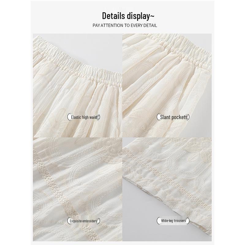 White Summer Lace Jacquard Embroidered Wide-Leg Pants for Tall Women