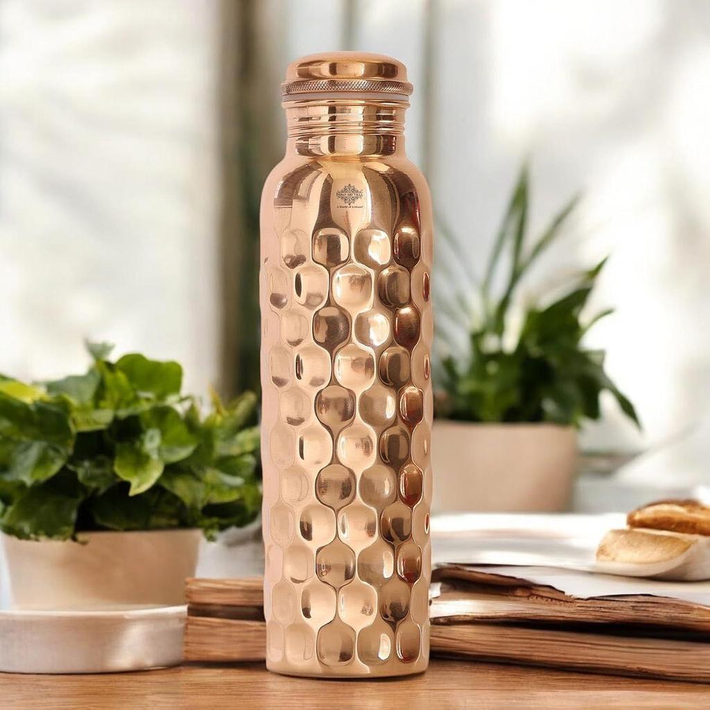 Copper Water Bottle – 1000 ML, Mirror Shine Finish, Lacquer Coated Diamond Design, Ayurvedic Pure Copper Bottle Set of 1
