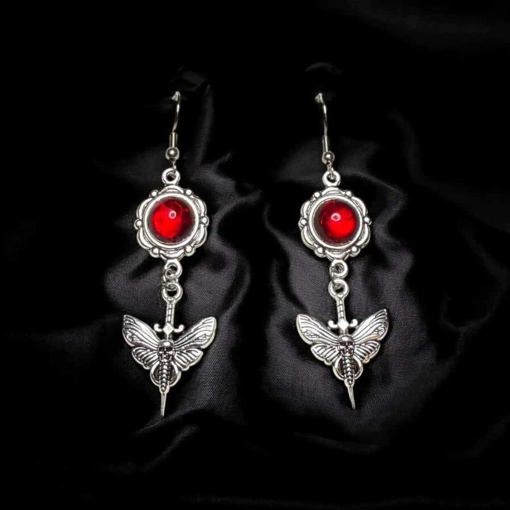 Magic Ghost Gothic Ancient Silver Sword Skull Head Butterfly Wings Red Crystal Dangle Earrings for Woman Halloween Jewelry Gift