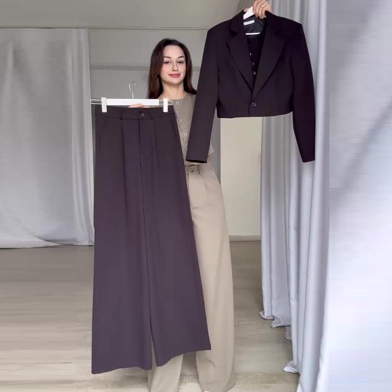 2024 Autumn Women's Solid Color Two-Piece Set: Turn-Down Collar Top & High-Waisted Long Pants