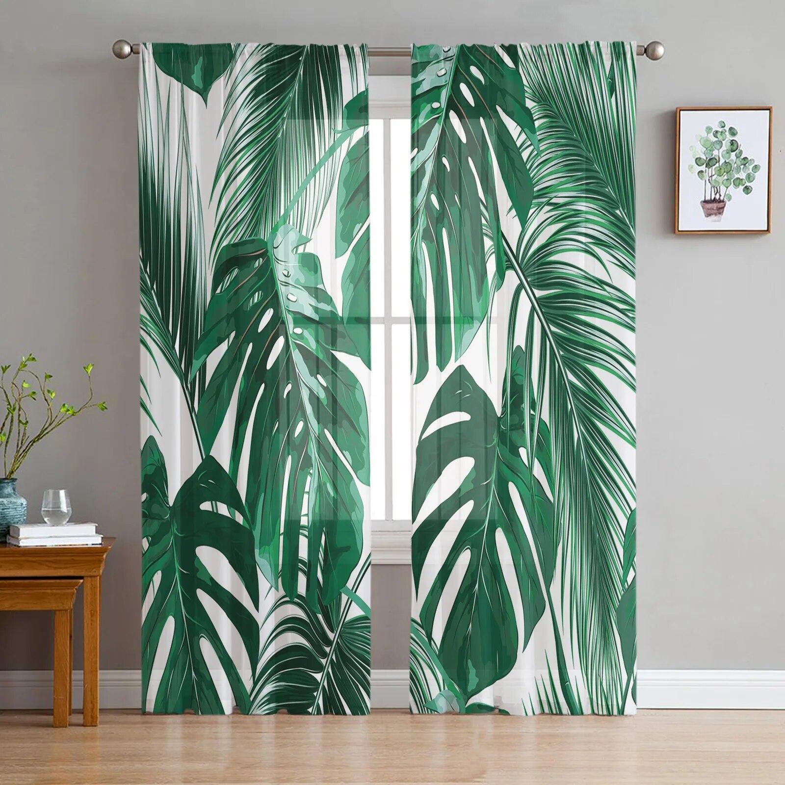 

Шифоновые Тюлевые шторы с зелеными листьями для гостиной, кухни, спальни, прозрачная вуаль, пряжа, обработка окон 135W x 114H(cm)