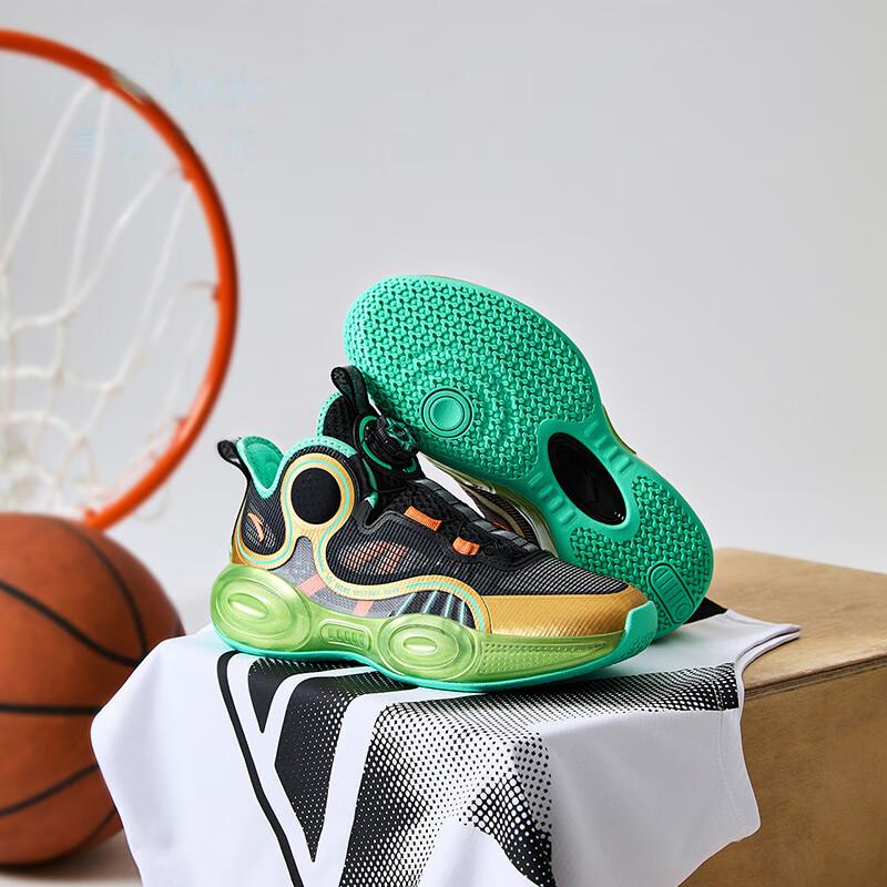 Anta Kids Asymmetrical 3 Shock Absorbing Wear Resistant Breathable Mid Top Basketball Shoes Kids Basketball Shoes Black Gold 312331102-5