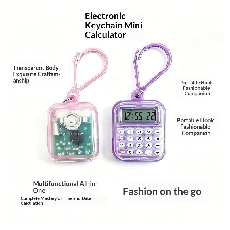 Mini Pocket Calculator Detachable Keychain Time Display Durable Plastic Counter for Students School Daily Use