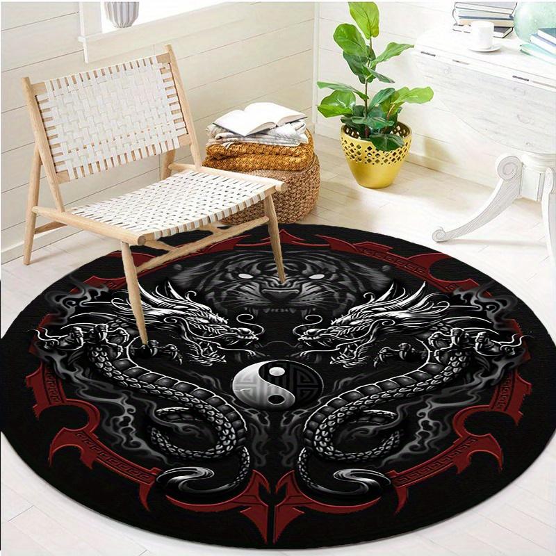 [Crystal Velvet] 1pc Yin Yang Black Dragon Tiger Round Rug,Non-Slip Area Rug,Office Chair Mat,Carpet for Living Room,Bedroom,Home Decor