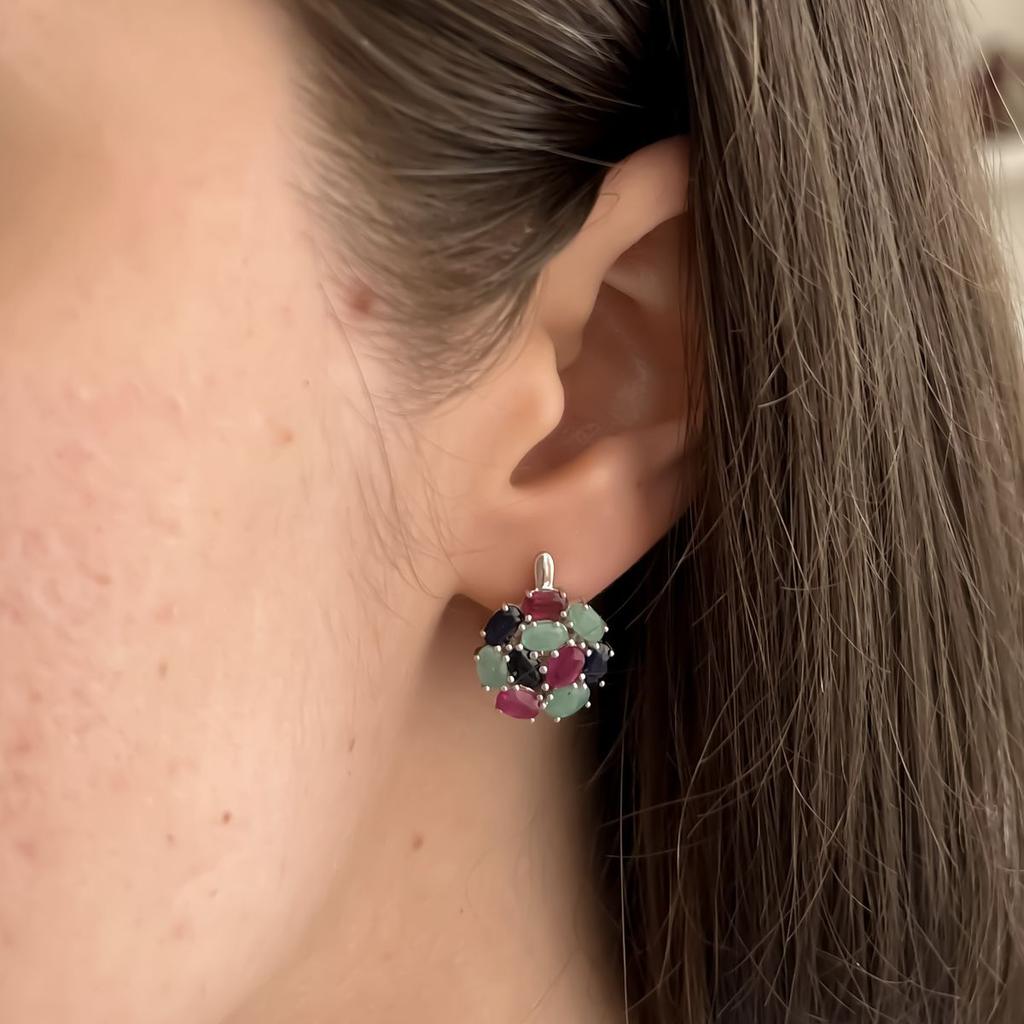 Silver Earrings with Natural Sapphire, Emerald, Ruby (2142652)
