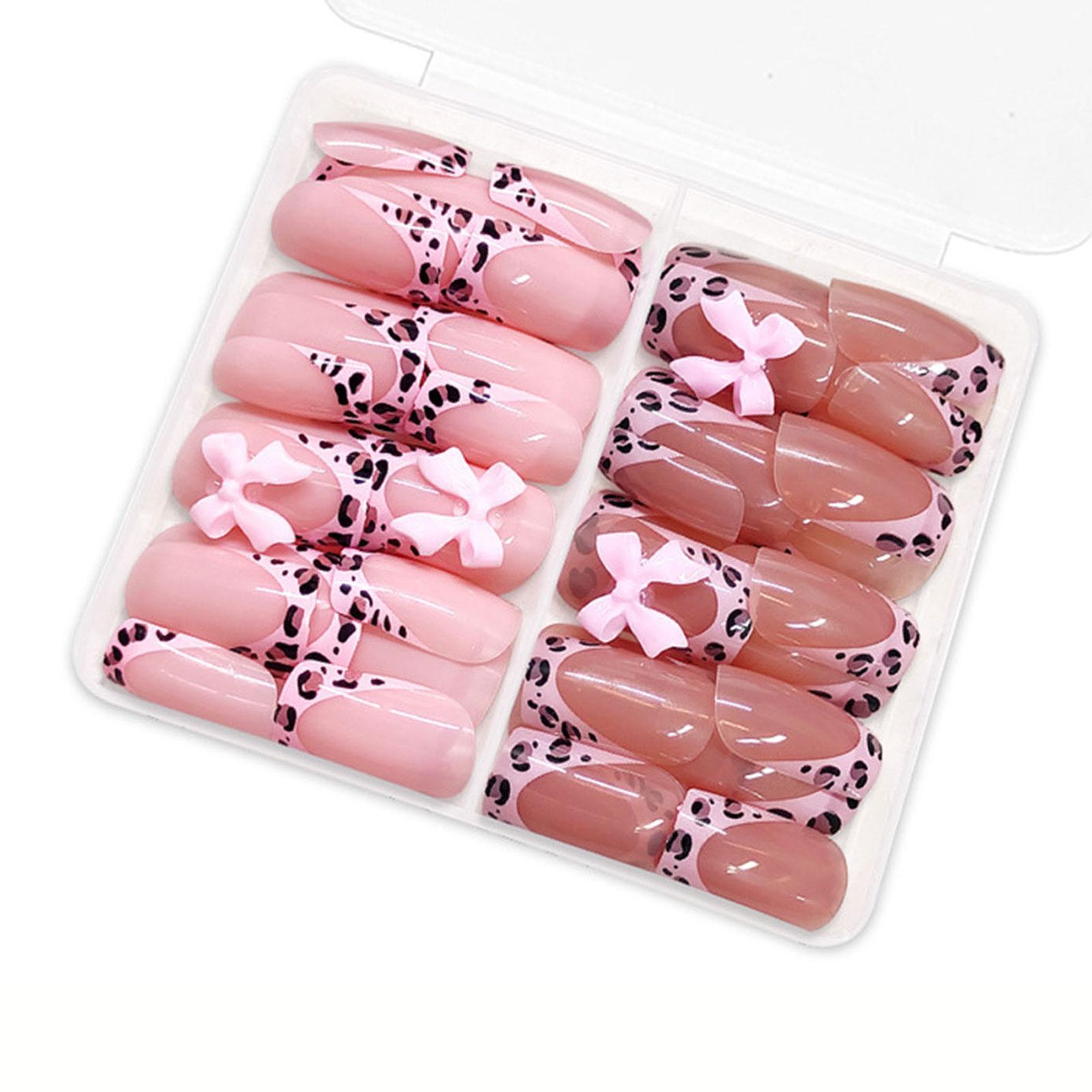 

Упаковка из 48 глянцевых розовых накладных ногтей с 3D-бантиками, леопардовым узором, короткие накладные ногти квадратной формы для женщин