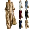 Women's Cotton Linen Two Piece Set V Neck Ruffle Sleeve Top and Loose Fit Casual Wide Leg Pants Lightweight Breathable Outfit