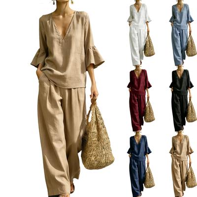 Women's Cotton Linen Two Piece Set V Neck Ruffle Sleeve Top and Loose Fit Casual Wide Leg Pants Lightweight Breathable Outfit