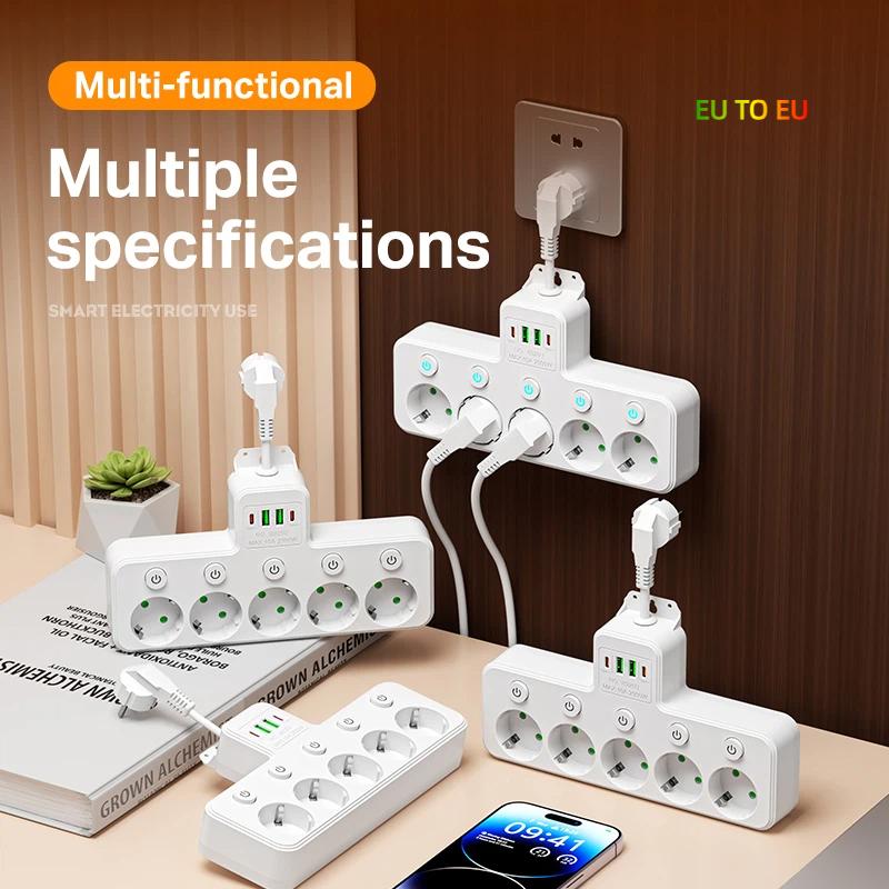 EU Power Adapter – Individual Switches & AC Outlets, Compact, Optional USB/Type-C