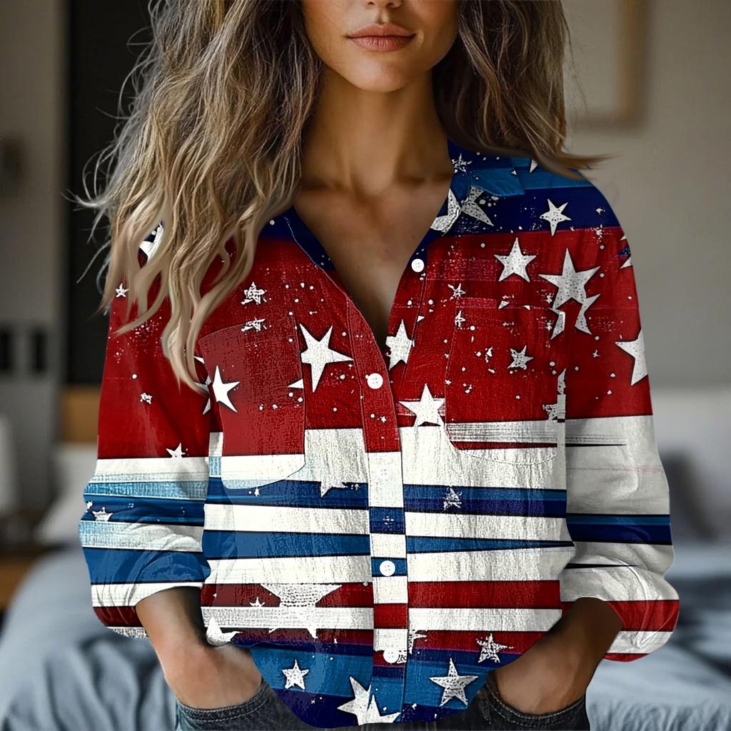 Women's Fashion Button Lapel Pocket Casual Shirt Independence Day Long Sleeve Top