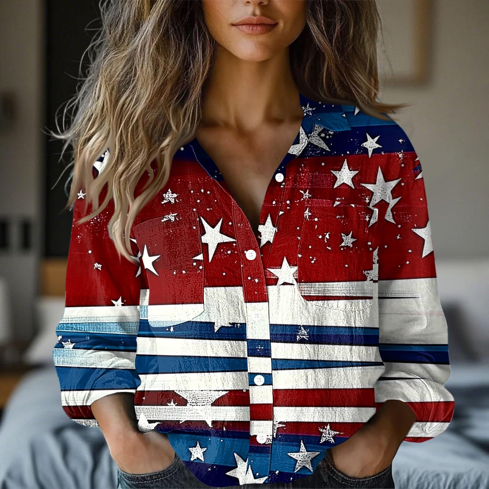 Women s Fashion Button Lapel Pocket Casual Shirt Independence Day Long Sleeve Top S
