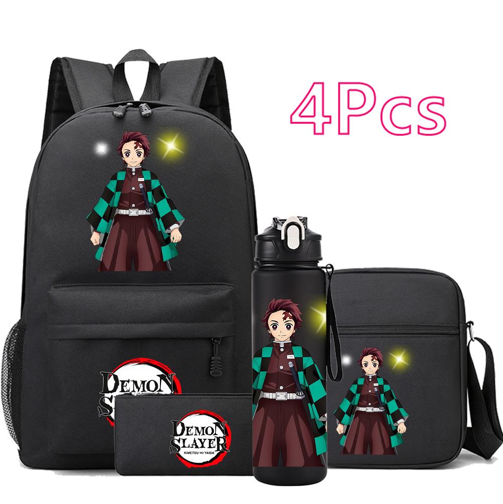 4 st/set Anime Demon Slayer Tryckt Ryggsäck Skolväska Axelväska Fodralväska med 750 ml Vattenflaska Pojke Flicka Stor Kapacitet Vattentät Skolväska