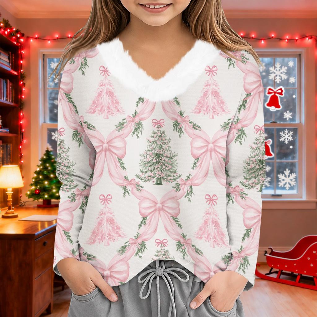 Girls V-neck Casual Top with Christmas Print Winter Holiday Pullover for Kids