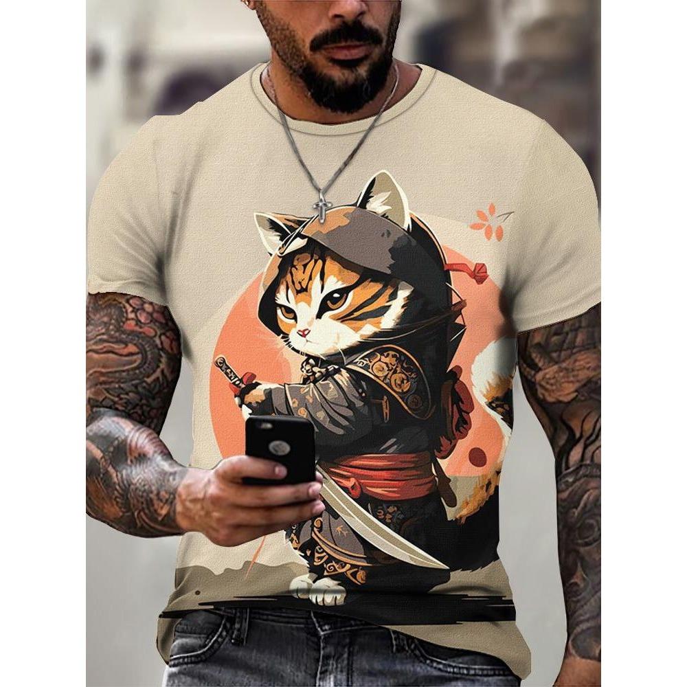 Japan Style Men's T-shirts 3D Samurai Cat Theme Print Short Sleeve T Shirts Fashion Men Women Crew Neck Tops Summer Clothing
