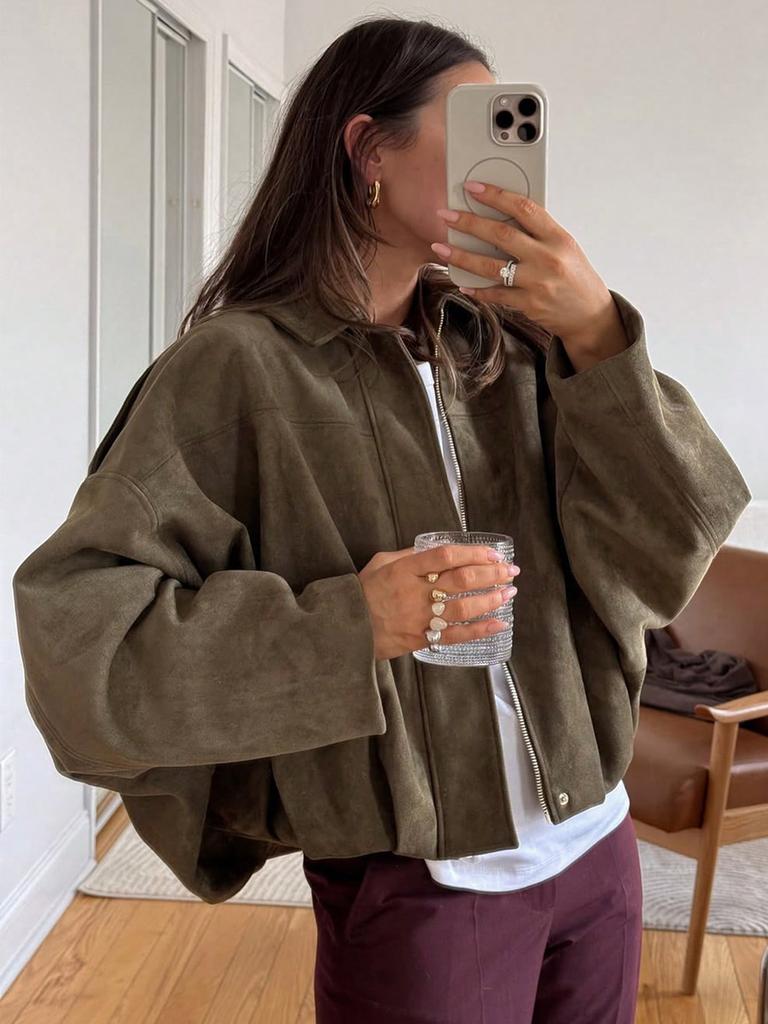 Spring New Arrival Casual Versatile Women's Velvet-Like Texture Stand-Collar Flight Jacket Coat