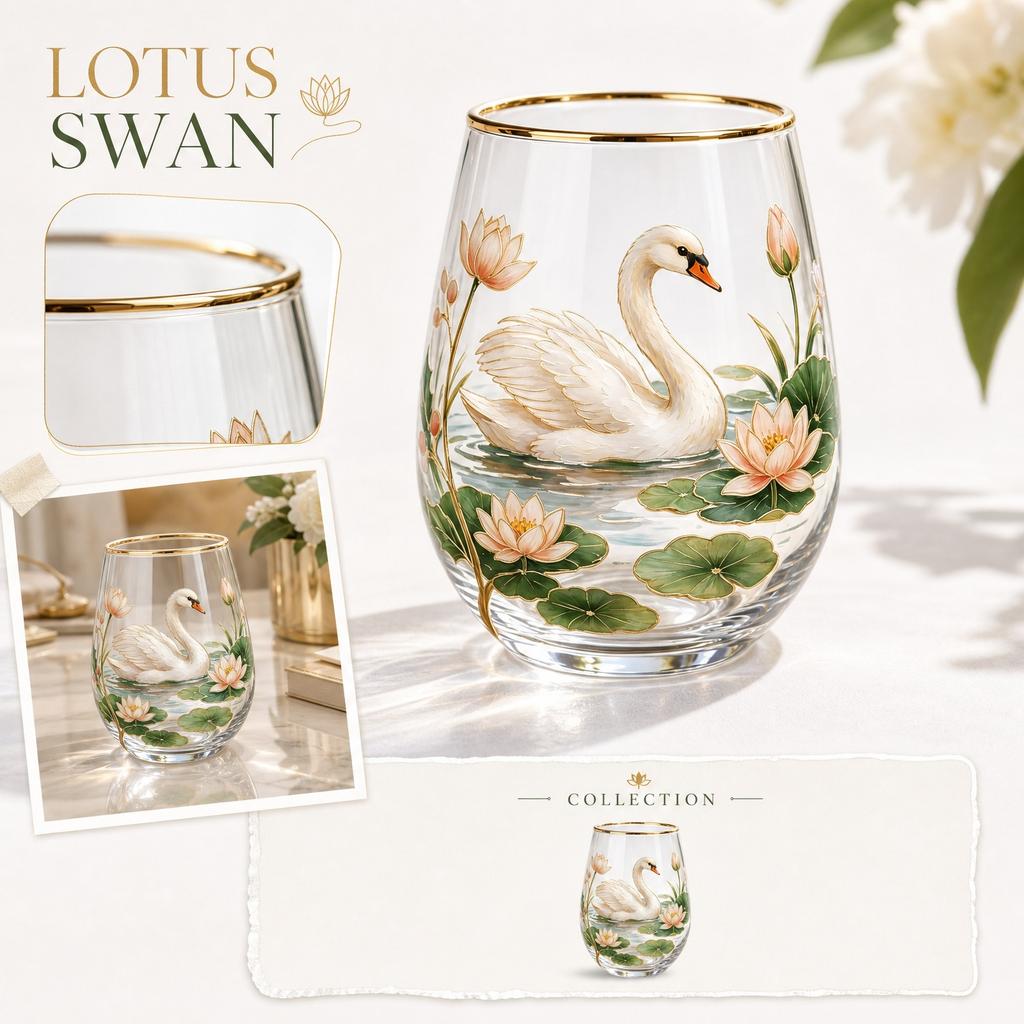 Glass Drinking Cup with Swan and Floral Print Design Stemless Glassware Suitable for Juice Water and Beverage Serving At Home or Office