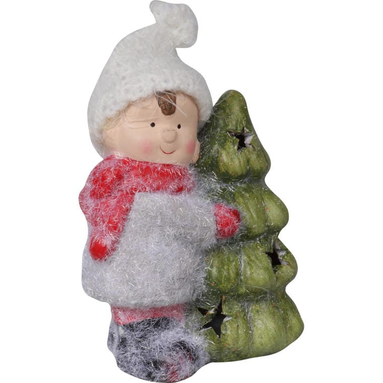 Ceramic Battery-Operated Christmas Tree Figurine with Smiling Boy, 13.5 cm, Pink
