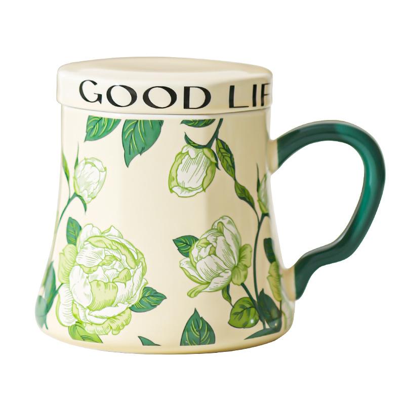 Lily of The Valley Ceramic Water Cup Home Office Large Capacity Coffee Cup Breakfast Cup with Lid Design Coffee Cup