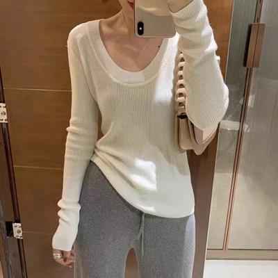Autumn Winter Knitwear Pullover Long Sleeves U-neck Low Collarbone Solid Knitted Sweater Lady Thin Outerwear Korean Slim Fit Base Pullovers Women