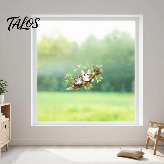 Electrostatic Window Decal Cartoon Cat on The Tree Branch Cling, Cute Watercolor Clear Hair Texture Sticker Butterflies Plants for Kids Room Bathroom