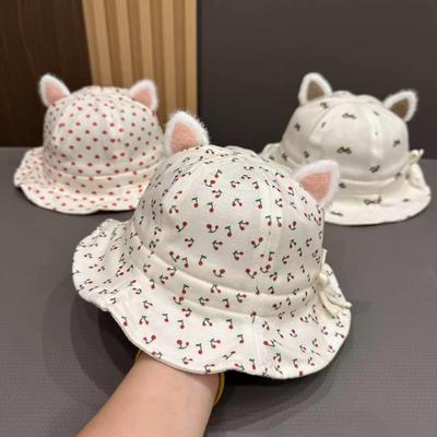 Cute Flower Dot Bow Print Baby Bucket Hat With Ears Summer Cotton Toddler Girls Fisherman Cap Outdoor Infant Sun Protection Caps