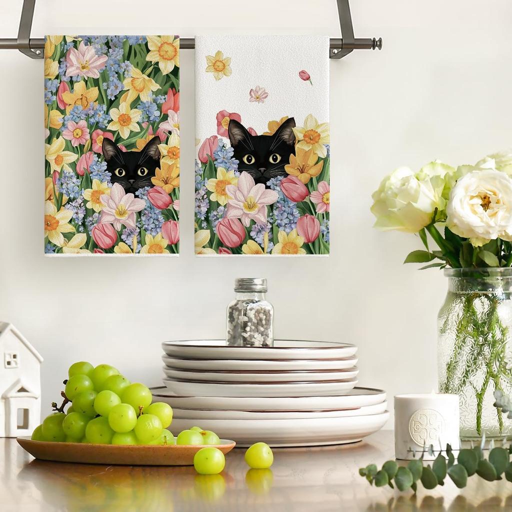 Artoid Mode Tulip Wild Flowers Black Cat Spring Kitchen Towels Dish Towels, 18x26 Inch Farmhouse Floral Decoration Hand Towels Set of 2