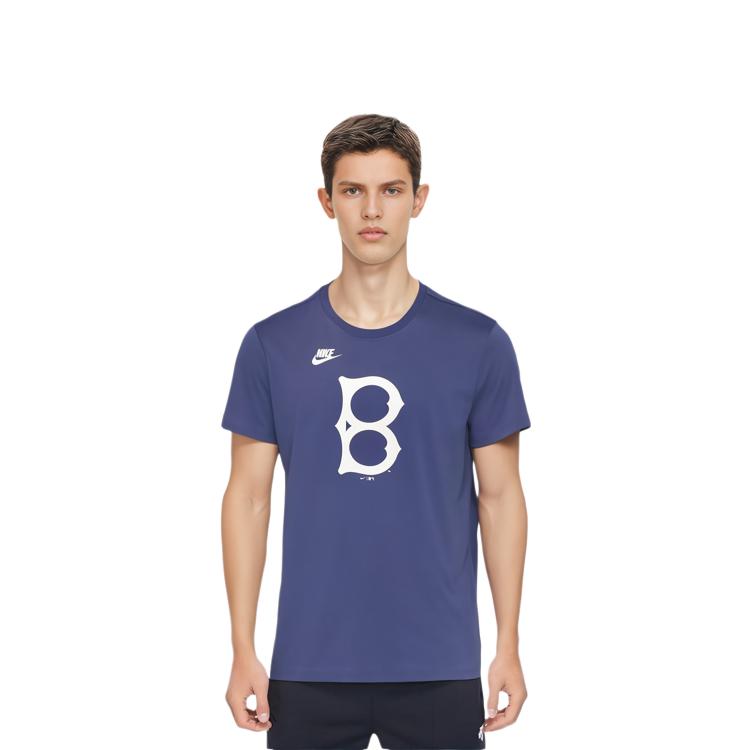Nike X MLB Collaboration Letter Logo Print Round Neck Short Sleeve T-Shirt Men Tops Blue N1994EWKB-UTY