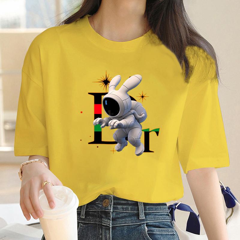 Cotton Spring/Summer Trendy Brand Rabbit Printed Short Sleeve Light Luxury Women's Round Neck Loose Casual Trendy T-shirt