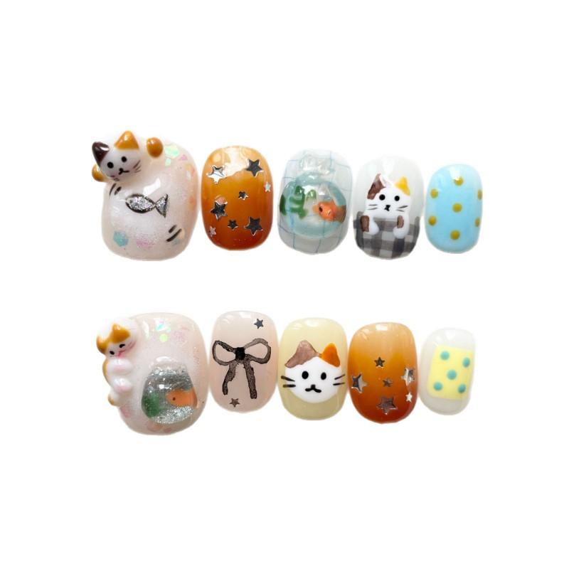 Hand-Painted Press-On Nails Short Square Cat Eye Design Cute Kawaii Style Wearable Nail Tips Women