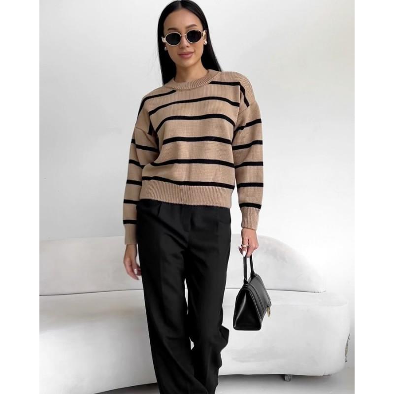Womens Loose Fit Round Neck Long Sleeve Knit Sweater Striped Color Block Casual Pullover 2025