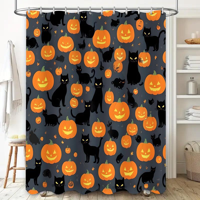 Halloween Pumpkin Cat Black Shower Curtain Halloween Decorative Polyester Bathtub Liner Home Decoration 28x76 Inches
