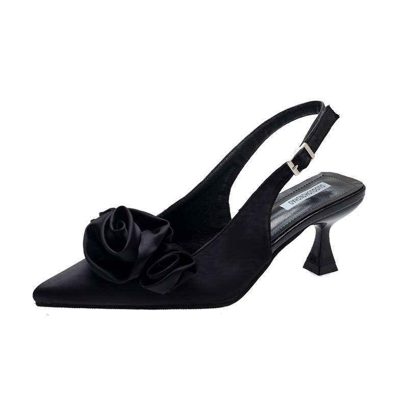 French high heels women's summer medium stiletto small heel flower satin pointed single shoes evening bag head one-word buckle sandals tide