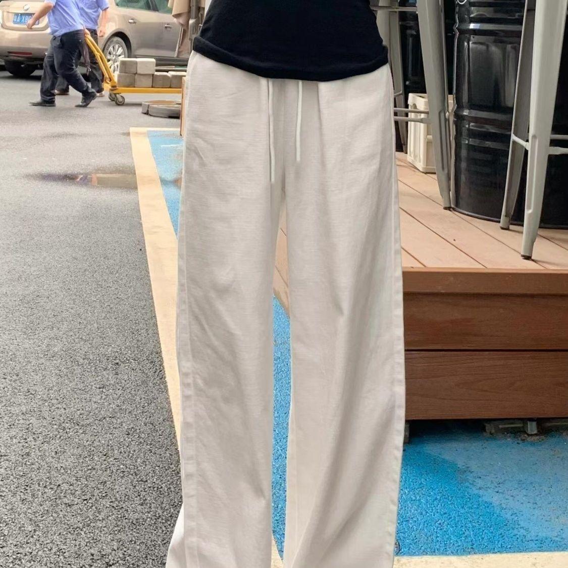 

Летние тонкие брюки в корейском стиле, белые, с высокой талией, широкими прямыми штанинами, драпированные, свободные, повседневные 2XL