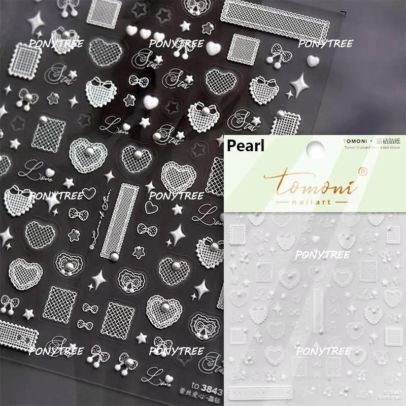Delicate White Lace Bowknot Simulated Fabric Ribbon Silver Stamped Noble Rhinestone 5D Adhesive Nail Art Sticker Manicure Decal