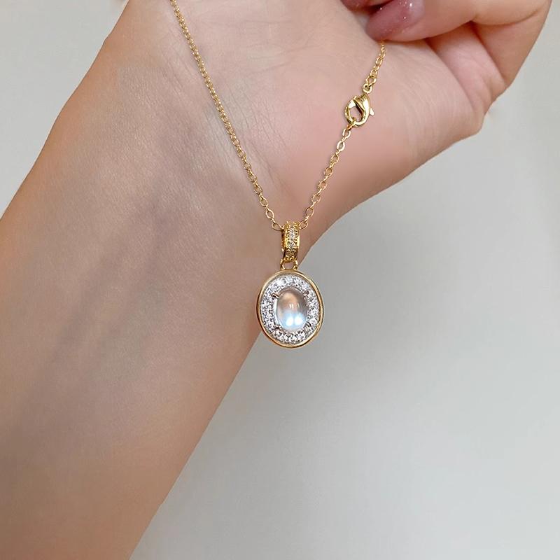 Huitan Luxury Two Tone CZ Pendant Necklace with Oval Imitation Opal Stone Exquisite Daily Neck Accessories Gift Fashion Jewelry