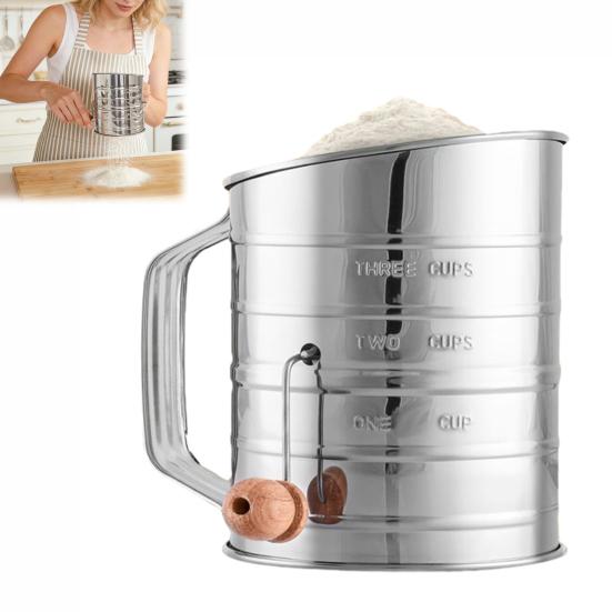 Stainless Steel Flour Sifter Hand Cranked Flour Sieve with Measurement Markings 3-Cup Capacity