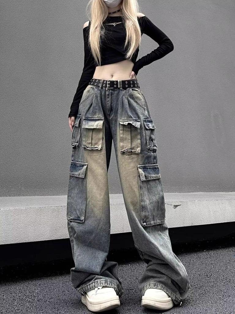 Trendy American Street Style High-Waisted Wide-Leg Cargo Jeans for Women