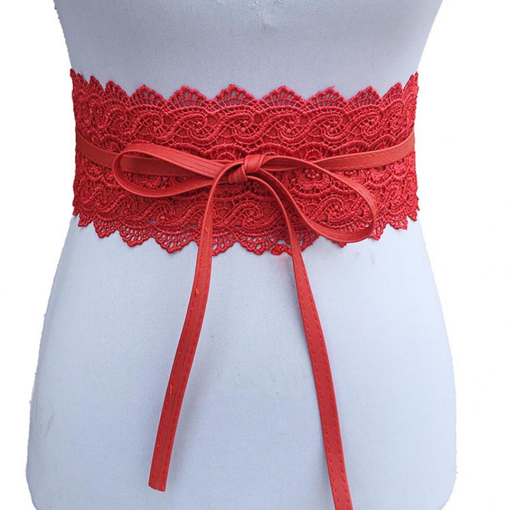 Fashion Women Dress Bowknot Faux Leather Lace Wide Decor Belt Girdle Waist Band EMA