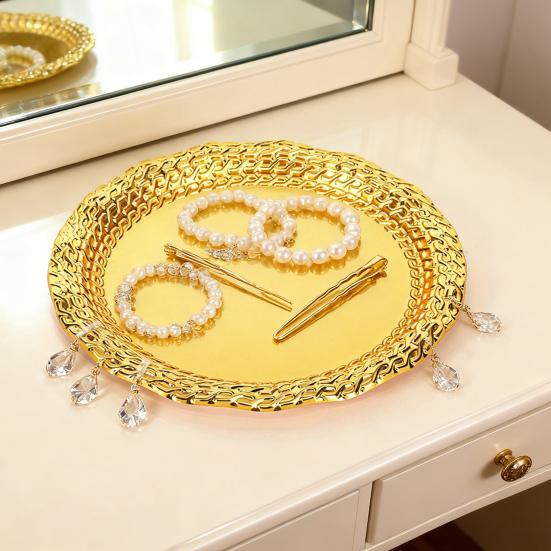 Vintage Round Metal Tray Retro Decorative Display Plate Flat Bottom Serving Platter for Jewelry