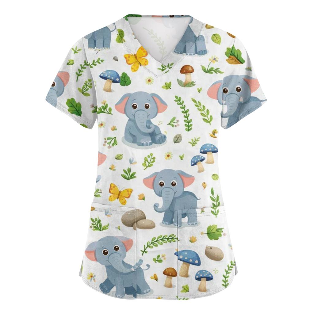 Women's Casual Short-Sleeve Cute Animal Print V-Neck Pocket Workwear Top