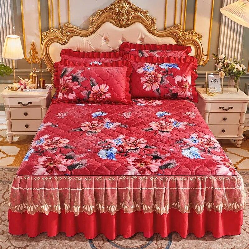Princess Lace Quilted Bed Spreads Crystal Velvet Bedding Sheets Set King Queen Size Thick Winter Warm Cotton Wedding Bed Cover