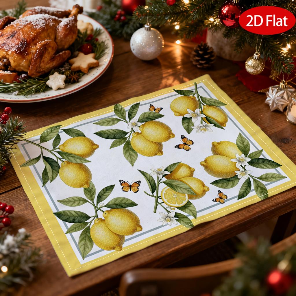 2/4/6pcs Lemon Placemats Suitable for Kitchen & Dining Table Decor - Yellow Lemon Border with Green & White Flower Print Table, Machine Washable