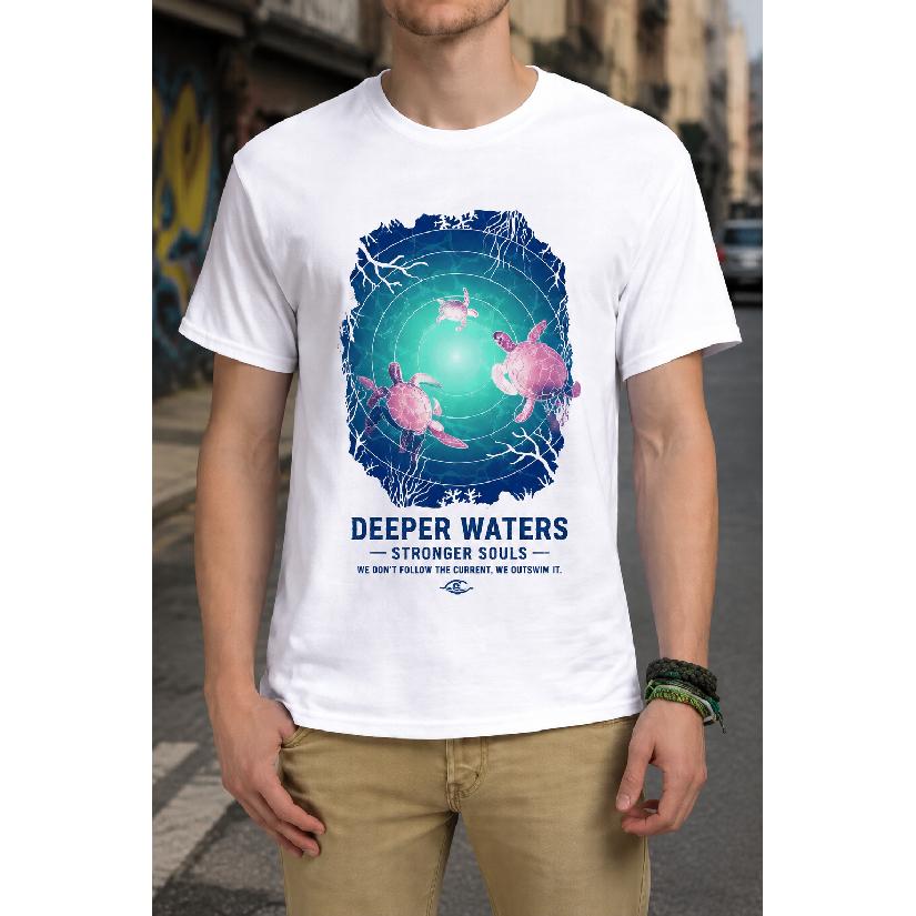 Plus Size - Men's T-Shirt S-5XL Featuring a Vibrant Sea Turtle Graphic With Deeper Waters Stronger Souls Quote - A Casual Short-Sleeve Crew-Neck Top