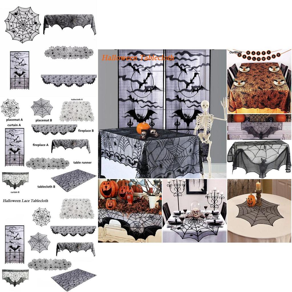 Spooky Black Lace Table Runner Featuring Intricate Spider Web Design For Halloween