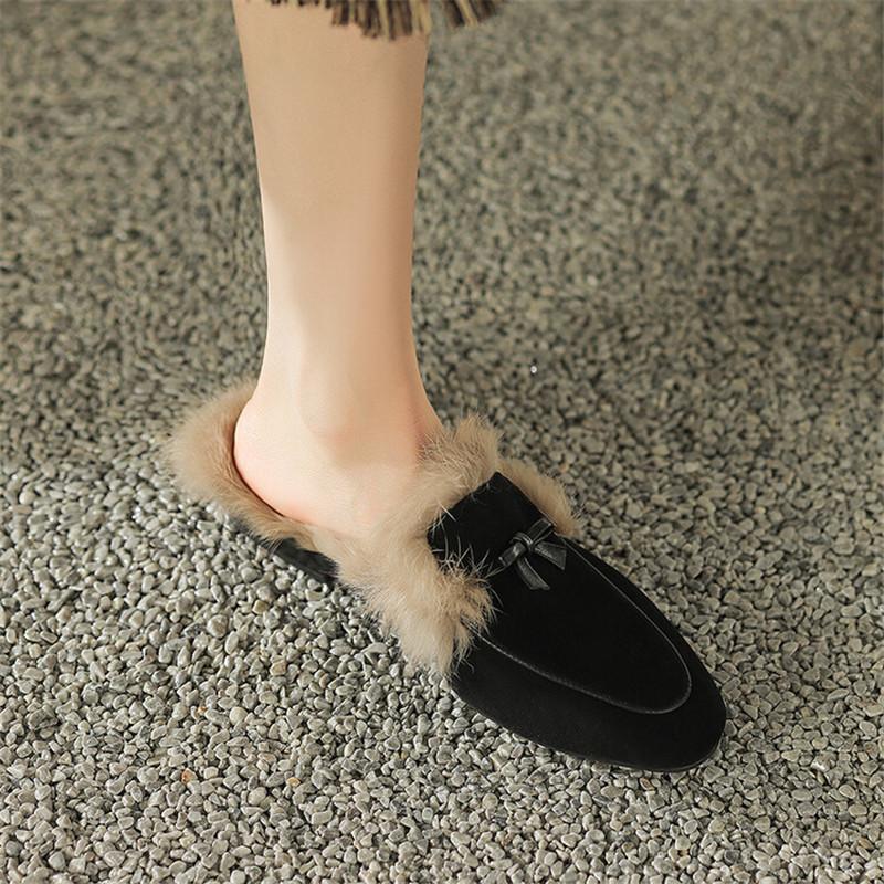 Fashion 2025 Winter Sheep Suede Women Shoes Rabbit Hair Mules Shoes for Women Round Toe Slippers Chunky Heel Cover Toe Slippers Shoes